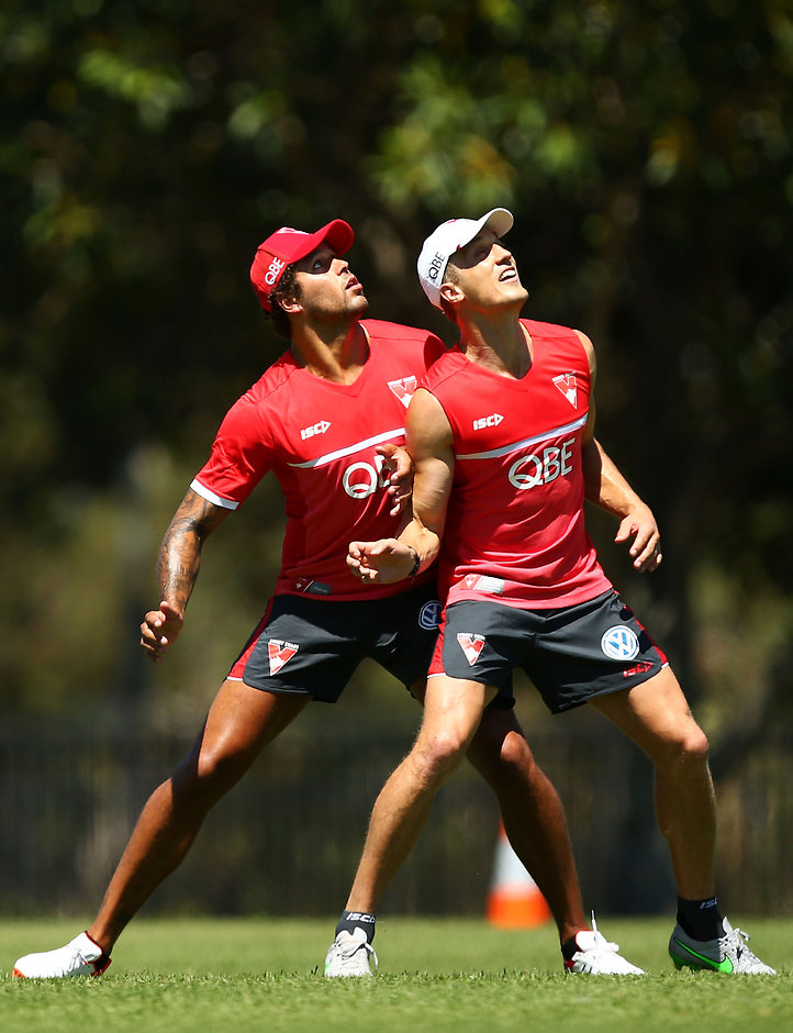 AFL 2015 Training - Sydney Swans 011215 Lance Franklin and Ted Richards compete during training - ${keywords}